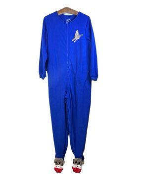 Nick & Nora Sleepwear Women’s Blue One Piece Pajamas Sock Monkey Footed XL Retro